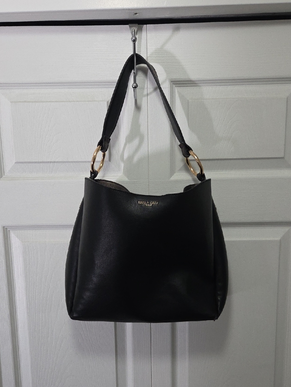 Luella Grey Black Leather Shoulder Bag with Gold Ring Accents